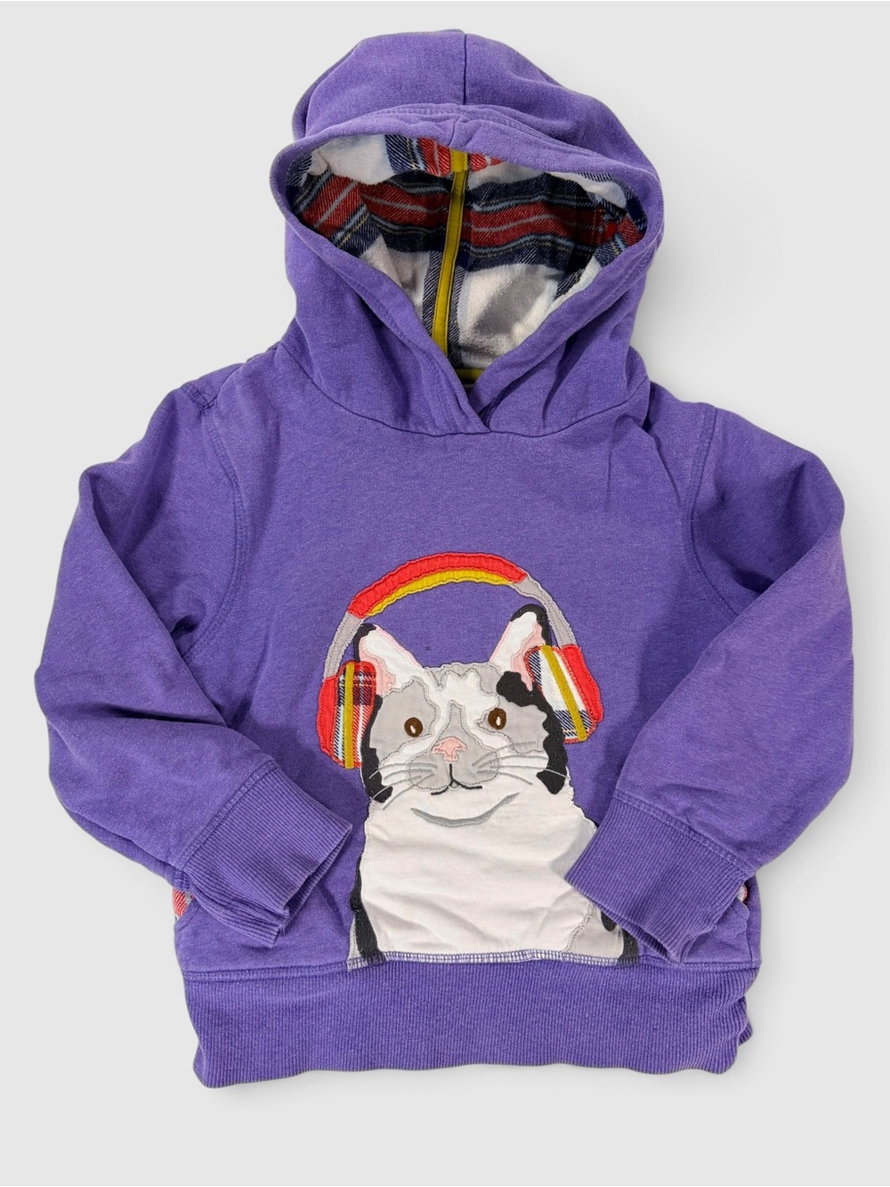 Mini Boden Cat Headphones Appliqué Pullover Hoodie Purple Sz 6-7Y Lined Hood